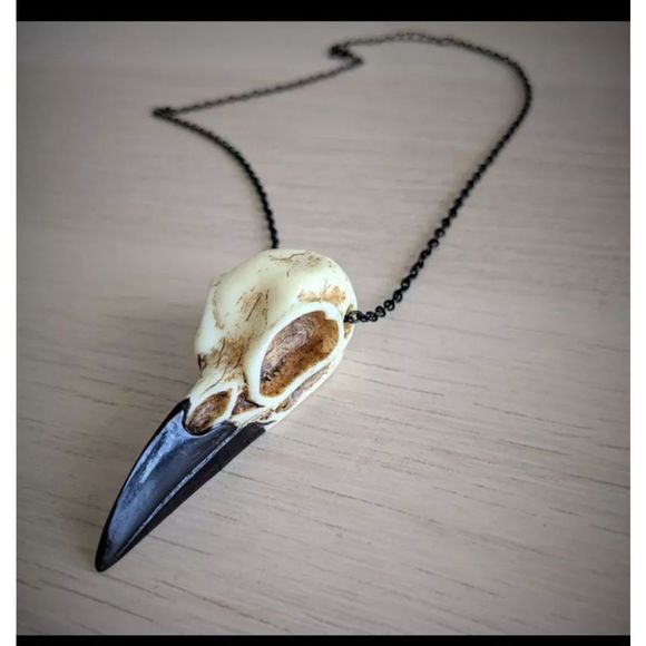 Large raven skull resin goth punk grunge black stainless steel chain necklace - Picture 9 of 9